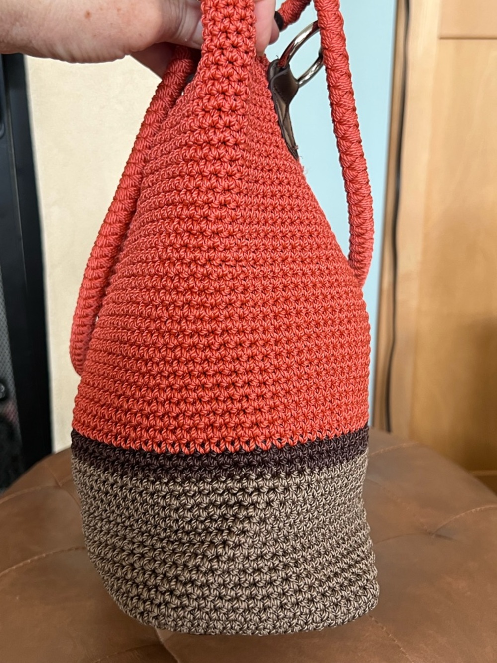 Croft & Barrow Color-Block Crochet Coral Taupe Boho Hobo Shoulder Bag - Picture 5 of 9